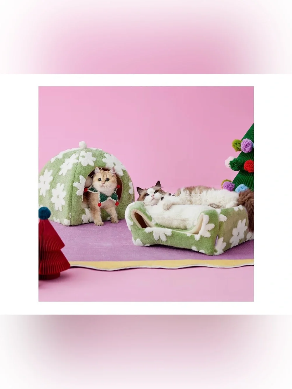 Cozy Green Floral Cat Cave Bed with Pom Toy